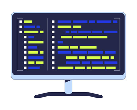 Computer monitor with programming syntax code 2D cartoon object. Coding digital display. Software engineering program isolated element flat vector clipart on white background. Spot illustrationのイラスト素材