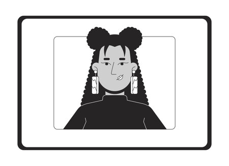 Stylish hispanic woman on tablet screen black and white 2D line object. Latin american female office...