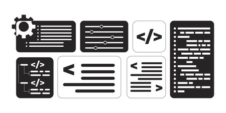 Software development programming interface black and white 2D line objects set. Code visualization. Brackets slash isolated clip arts vector outline items collection. Monochrome spot illustrationsのイラスト素材