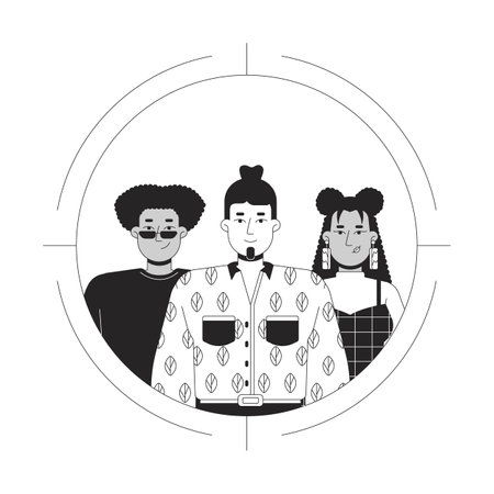 Target audience black and white 2D illustration concept. Niche business. Market segmentation. Focus customers multiracial outline characters isolated. Digital marketing metaphor monochrome vector artのイラスト素材