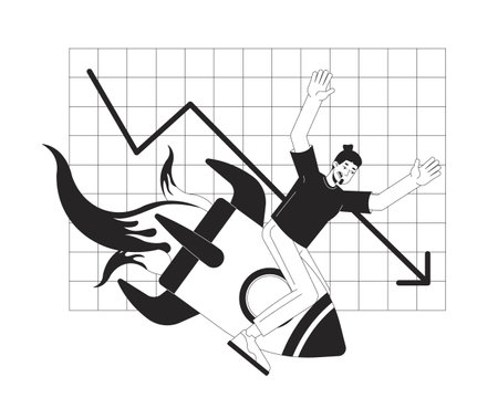 Digital marketing fail black and white 2D illustration concept. Caucasian man falling down on rocket outline character isolated. Worst online marketing campaign failure metaphor monochrome vector artのイラスト素材