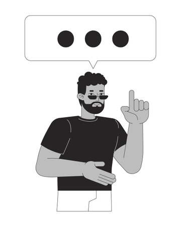 Black man holding index finger up with talk box black and white 2D line character. African american guy sunglasses dialogue balloon isolated vector outline person. Monochromatic spot illustrationのイラスト素材