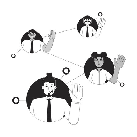 Networking connected people diverse black and white 2D line characters. Coordination teamwork. Collaboration community. Team members isolated vector outline people. Monochromatic spot illustrationのイラスト素材