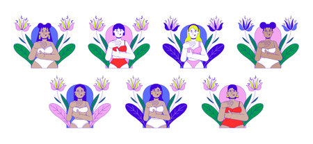 Multiracial women breast cancer self examination 2D illustration concepts set. Diverse females in bra examining herself cartoon characters isolated on white. Metaphors abstract flat vector collectionのイラスト素材