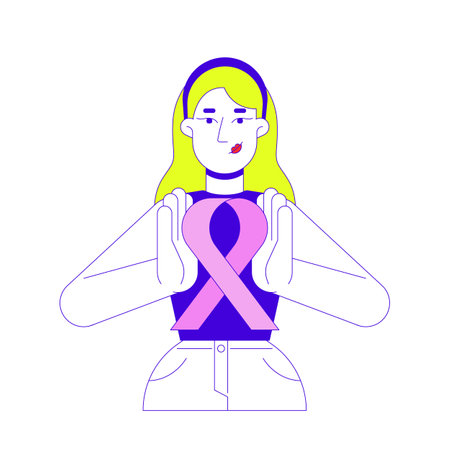 Caucasian blonde woman holding pink ribbon awareness 2D cartoon character. Breast cancer survivor female young European isolated person flat vector on white background. Spot illustration colorfulのイラスト素材