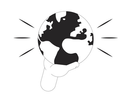 Save planet black and white 2D illustration concept. Earth day. Sustainability environmental protection conservation. Holding world globe outline hand isolated. Metaphor monochrome vector artのイラスト素材