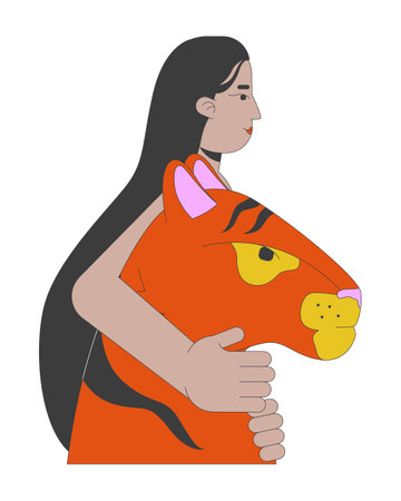 Indian woman embracing tiger head 2D cartoon character. Animal guardian. South asian female hugging wildcat predator isolated person flat vector on white background. Spot illustration colorfulのイラスト素材