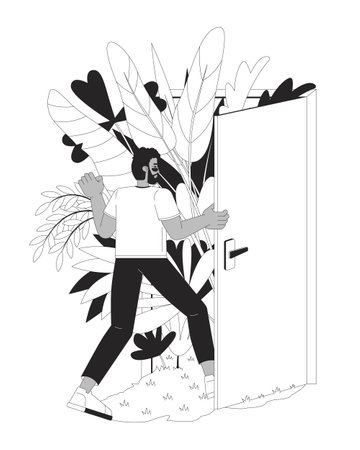 Green living black and white 2D illustration concept. Sustainability go green future. Eco conscious man walking through doorway garden lush outline character isolated. Metaphor monochrome vector artのイラスト素材