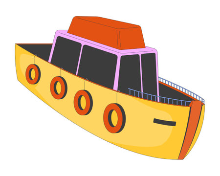 Toy ship 2D cartoon object. Children amusement and development. Sailboat model with lifesavers and capitaine bridge isolated element flat vector clipart on white background. Spot illustrationのイラスト素材