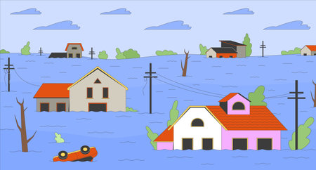 Floods danger flat illustration. Global climate crisis. Residential buildings going under water 2D landscape cartoon background. Consequences of global warming on environment scene vector imageのイラスト素材