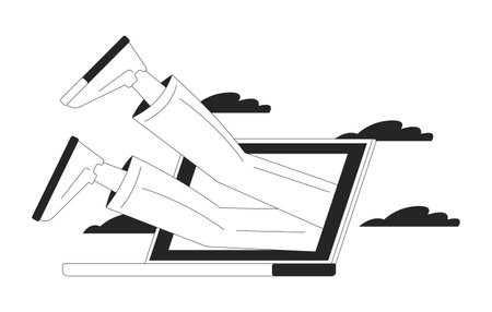 Immerse yourself in work fully black and white 2D illustration concept. Corporate company employee diving into laptop monitor legs outline character isolated. Metaphor monochrome vector artのイラスト素材