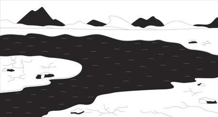 Rivers disappearing crisis black and white line illustration. Shallow riverbed with evaporating water 2D landscape monochrome backdrop. Climate changes impact on environmental conditions outline vectorのイラスト素材