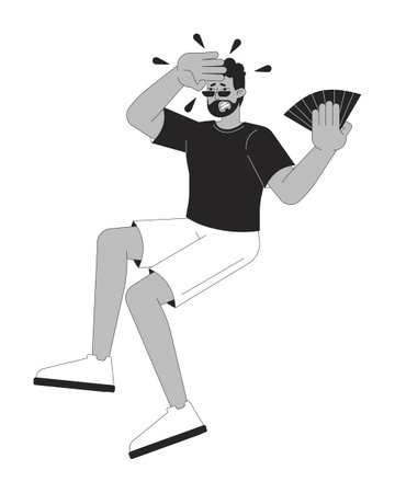 Sad african american man suffering from overheating black and white 2D line character. Black male waving hand fan on hot day isolated vector outline person. Monochromatic spot illustrationのイラスト素材
