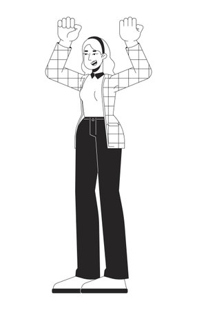 Happy caucasian businesswoman celebrating success black and white 2D line character. Young female...