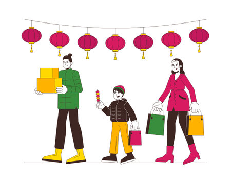 Holiday shopping sales on Chinese New Year cartoon flat illustration. Asian family people buying gifts for cny festive occasion 2D characters isolated on white background. Vector colorful imageのイラスト素材