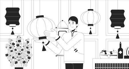 Decorating house for Chinese New Year black and white line illustration. Asian man hanging paper lanterns 2D character monochrome background. Preparing home for spring festival outline vector imageのイラスト素材