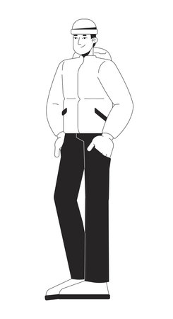Modern Chinese man posing in winter comfortable outerwear black and white 2D line character. Asian guy smiling, hands in pockets isolated vector outline person. Monochromatic spot illustrationのイラスト素材