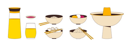 Authentic chinese cuisine 2D cartoon objects set. Drinkware. Rice bowls, glutinous rice balls, dumplings meal isolated elements flat vector cliparts on white background. Spot illustrations collectionのイラスト素材