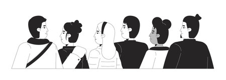 Urban diverse people in winter outerwear gazing black and white 2D line characters. Street audience...