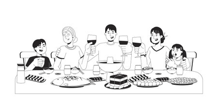 Chinese family reunion dinner black and white 2D line characters. Meal on spring festival. Asian parents with children toasting glasses isolated vector people outline. Monochromatic spot illustrationのイラスト素材