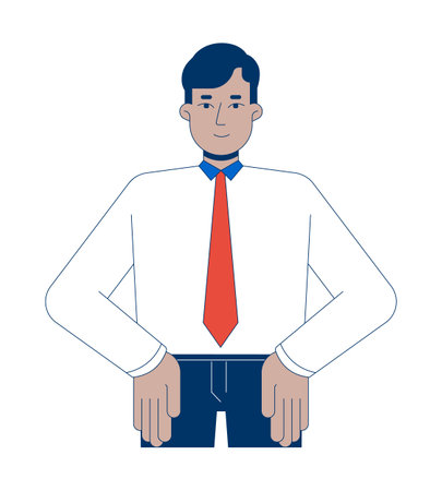 Indian man shirt tie office worker hands on hips 2D cartoon character. Young adult employee intern confident power pose isolated person flat vector on white background. Spot illustration colorfulのイラスト素材