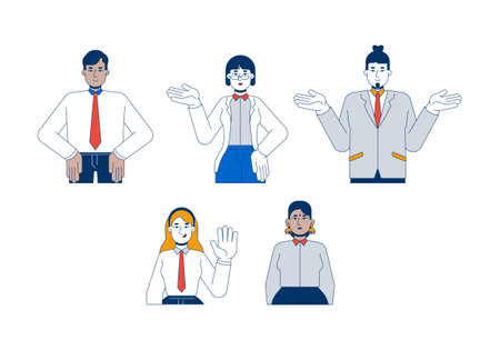 Diverse professionals office workers 2D cartoon characters set. Multiracial suits businesspeople. Business casual adults isolated people flat vector on white background. Spot illustrations collectionのイラスト素材