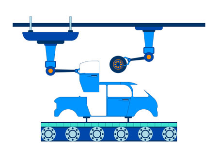 Car manufacturing process 2D cartoon object. Factory production line. Robotic attach armsing automobile wheel and door isolated element flat vector clipart on white background. Spot illustrationのイラスト素材