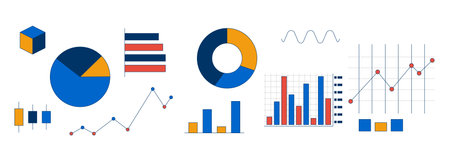 Data visualization charts 2D cartoon objects set. Piechart, bar graphs, scatter plots. Trend analysis diagrams isolated elements flat vector cliparts on white background. Spot illustrations collectionのイラスト素材