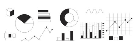 Data visualization charts black and white 2D line objects set. Piechart, bar graphs, scatter plots. Analysis diagrams isolated clip arts vector outline items collection. Monochrome spot illustrationsのイラスト素材