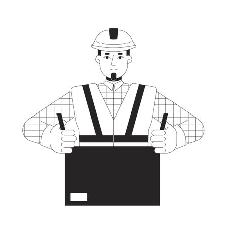 Factory worker packing cardboard box black and white 2D line character. Hardhat packer with gloves and safety gear sealing parcel isolated vector outline person. Monochromatic spot illustrationのイラスト素材