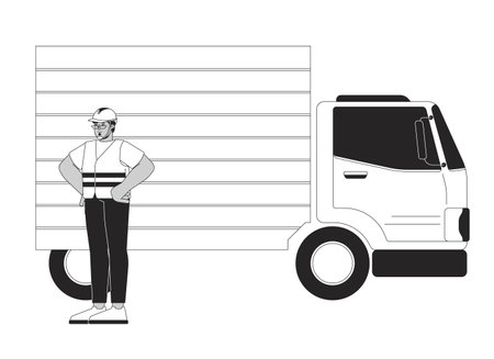 Logistic worker with delivery truck black and white 2D line character. Supply chain management. Hardhat arab man in safety jacket isolated vector outline person. Monochromatic spot illustrationのイラスト素材