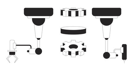 Robotic arms and gears black and white 2D line objects set. Manufacturing industrial parts, automation systems, cogs isolated clip arts vector outline items collection. Monochrome spot illustrationsのイラスト素材