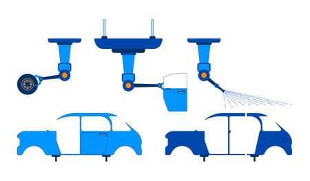 Automotive parts manufacturing 2D cartoon objects set. Car production. Vehicle assembly robotic arms isolated elements flat vector cliparts on white background. Spot illustrations collectionのイラスト素材