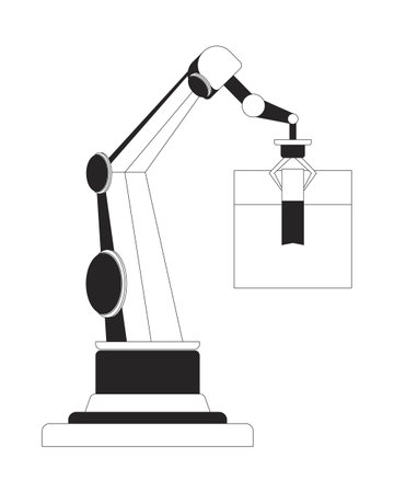 Robotic arm handling package black and white 2D line object. Factory automation in logistics manufacturing. Box packaging machine isolated clip art vector outline item. Monochromatic spot illustrationのイラスト素材