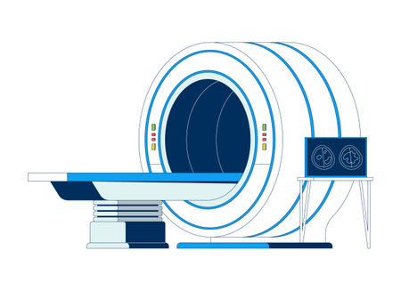 MRI machine with patient table 2D cartoon object. Diagram brain cross sections. Medical technology. Diagnostic scanner isolated element flat vector clipart on white background. Spot illustrationのイラスト素材