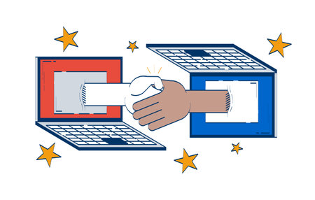Virtual handshake connecting two laptops doodle illustration concept. Agreement digital. Two hands shaking through notebooks screens cartoon 2D composition isolated on white. Hand drawn vector drawingのイラスト素材