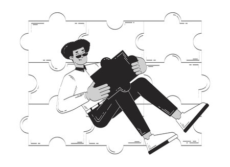 Employee playing individual role in completing puzzle doodle line illustration concept. Team member contributes in achieving unified whole 2D outline character isolated. Hand drawn drawing monochromeのイラスト素材