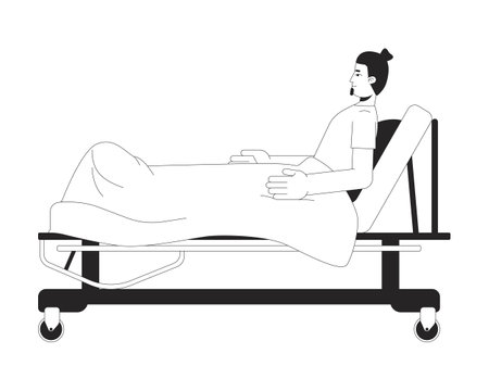 Man patient reclining on hospital bed with blanket black and white 2D line character. Hospitalization. Bedridden guy recovery in sickbed isolated vector outline person. Monochromatic spot illustrationのイラスト素材