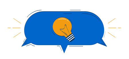 Light bulb enclosed within speech bubble 2D doodle object. Creativity, innovation, bright ideas. Lightbulb cartoon element flat vector clipart isolated on white background. Hand drawn illustrationのイラスト素材