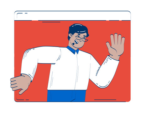 Smiling business casual arab man waving in web window 2D doodle character. Middle eastern glasses employee teleworker cartoon person vector drawing isolated on white. Hand drawn illustration colorfulのイラスト素材