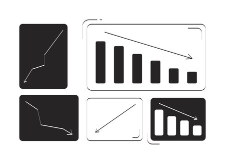 Falling graphs showing business crisis doodle linear objects set. Stock market failure analytics cartoon elements flat vector cliparts isolated on white background. Hand drawn illustrations collectionのイラスト素材