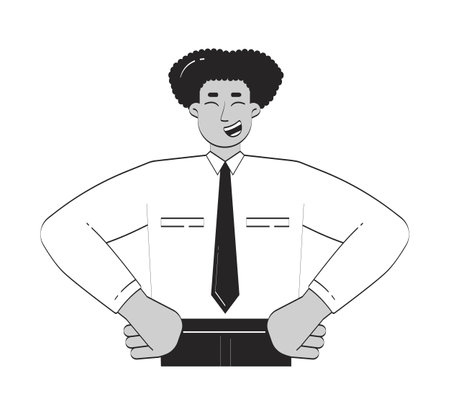 Joyful hispanic businessman holding hands on hips doodle linear character. Happy latin american man office employee 2D vector outline person isolated. Hand drawn drawing illustration monochromeのイラスト素材