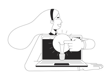 Employee generating new idea at work black and white 2D illustration concept. Workplace inspiration. Woman presenting laptop with lightbulb outline character isolated. Metaphor monochrome vector artのイラスト素材