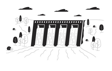 Hydroelectric dam with flowing water amid hills linear illustration. Hydropower. Renewable energy. Sustainable infrastructure 2D line scene isolated on white. Monochrome vector outline imageのイラスト素材