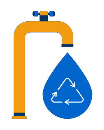 Water faucet with recycling symbol 2D cartoon object. Waterdrop arrows recycle. Resource sustainability. Tap droplet isolated element flat vector clipart on white background. Spot illustrationのイラスト素材