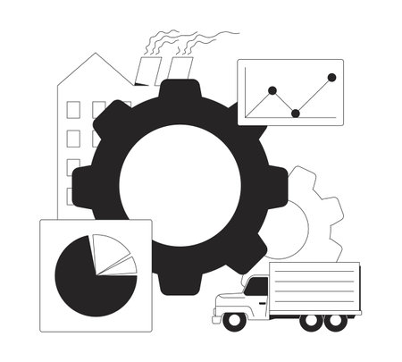 Industry, logistics and data analysis black and white 2D illustration concept. Supply chain. Transportation management. Efficiency factory outline composition isolated. Metaphor monochrome vector artのイラスト素材