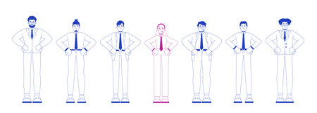 Empowered woman leading business team 2D illustration concept. Workplace diversity. Standing out female professional cartoon characters isolated on white. Metaphor abstract flat vector graphicのイラスト素材