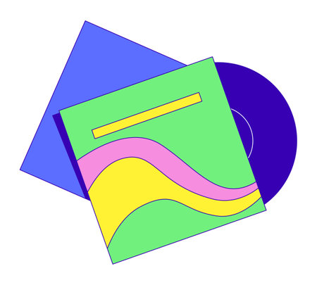 Vinyl record partially inserted in album cover 2D cartoon object. Physical media. Vintage vibes. Retro music lp sleeve isolated element flat vector clipart on white background. Spot illustrationのイラスト素材