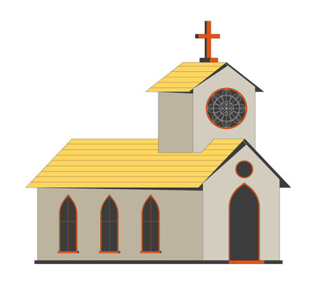 Traditional church building with gothic windows 2D cartoon object. Christian faith prayer house. Steeple cross, religious architecture isolated element flat vector clip art on white. Spot illustrationのイラスト素材