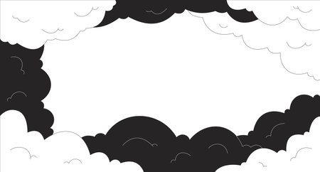 Lo-Fi aesthetic cloudy sky dreamy black white line illustration backdrop. Nostalgia and relaxation. Fluffy clouds. Minimalistic artistic cloudscape 2D ink outline monochrome background. Lineart vectorのイラスト素材